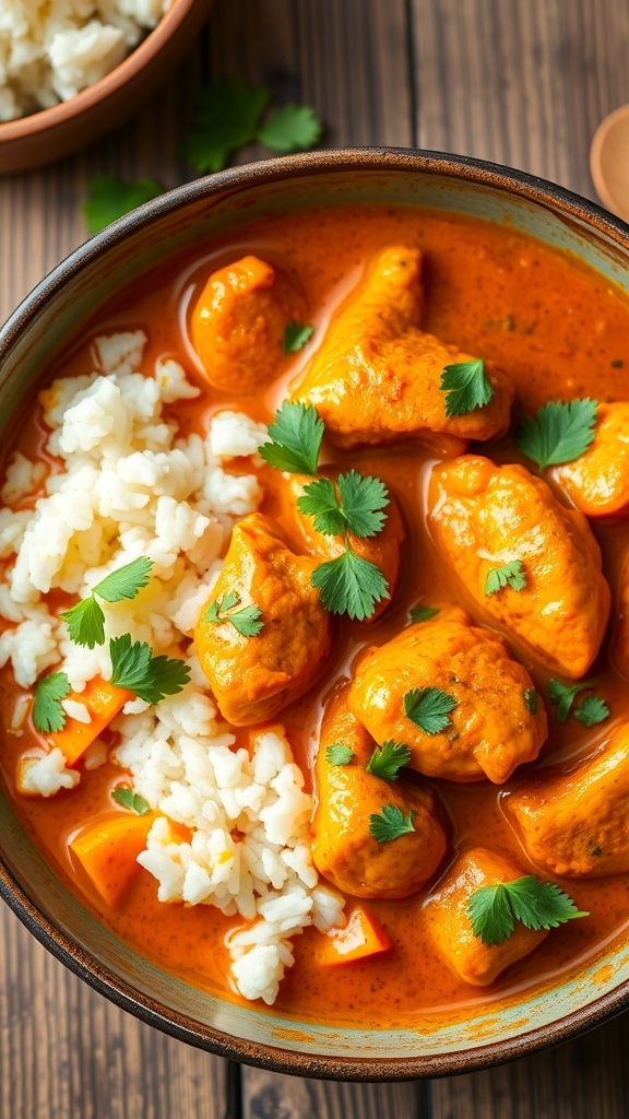 A bowl of spicy chicken curry garnished with cilantro, served with rice on a rustic table.